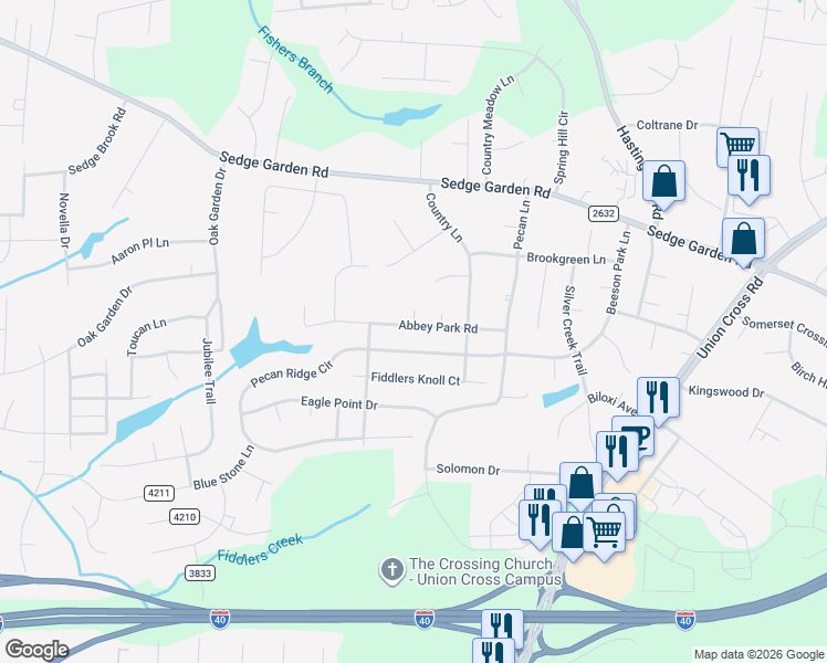 map of restaurants, bars, coffee shops, grocery stores, and more near 4692 Abbey Park Road in Kernersville