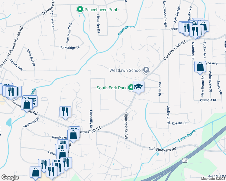map of restaurants, bars, coffee shops, grocery stores, and more near 210 Tipperary Lane Northwest in Winston-Salem