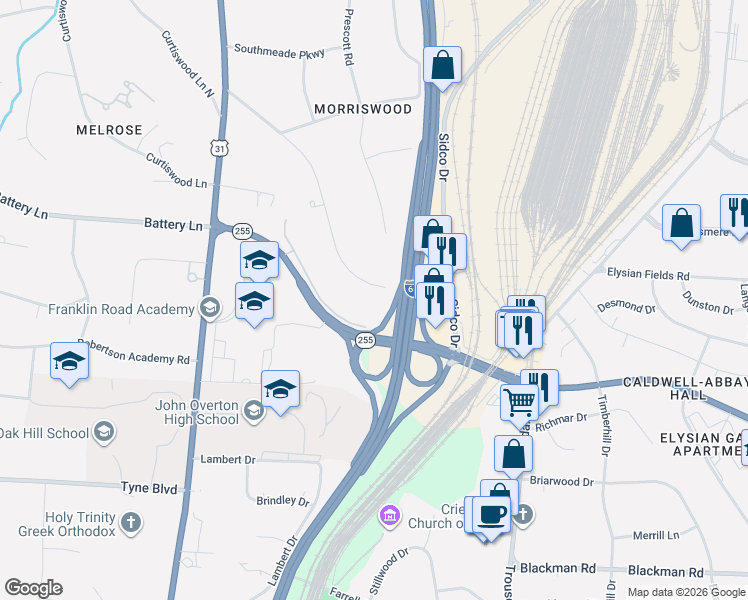 map of restaurants, bars, coffee shops, grocery stores, and more near 721 Elysian Fields Road in Nashville