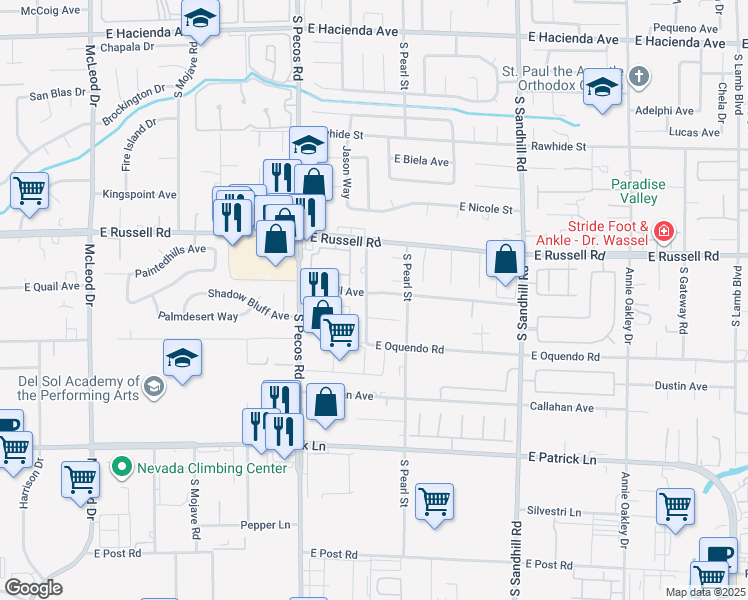 map of restaurants, bars, coffee shops, grocery stores, and more near 5818 South Claire D Lane in Las Vegas