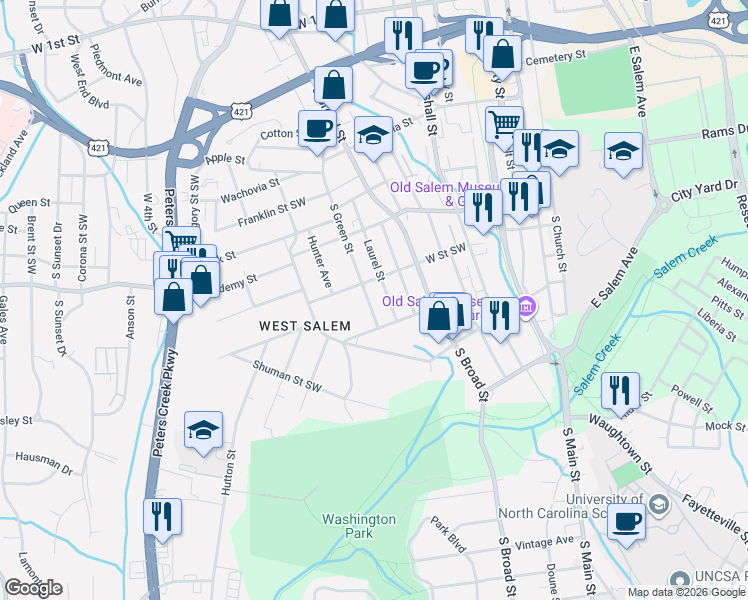map of restaurants, bars, coffee shops, grocery stores, and more near 730 Laurel Street in Winston-Salem