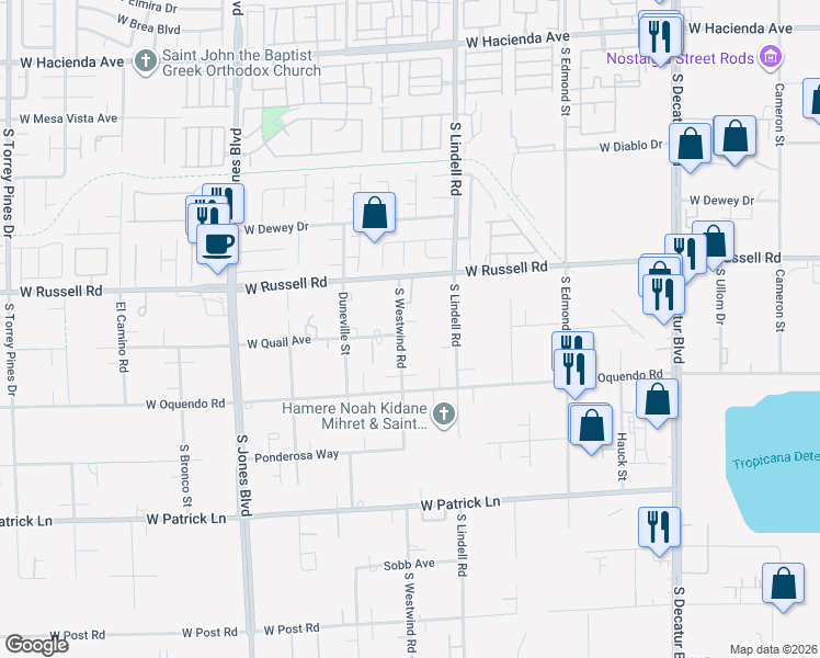 map of restaurants, bars, coffee shops, grocery stores, and more near 5790 South Westwind Road in Las Vegas