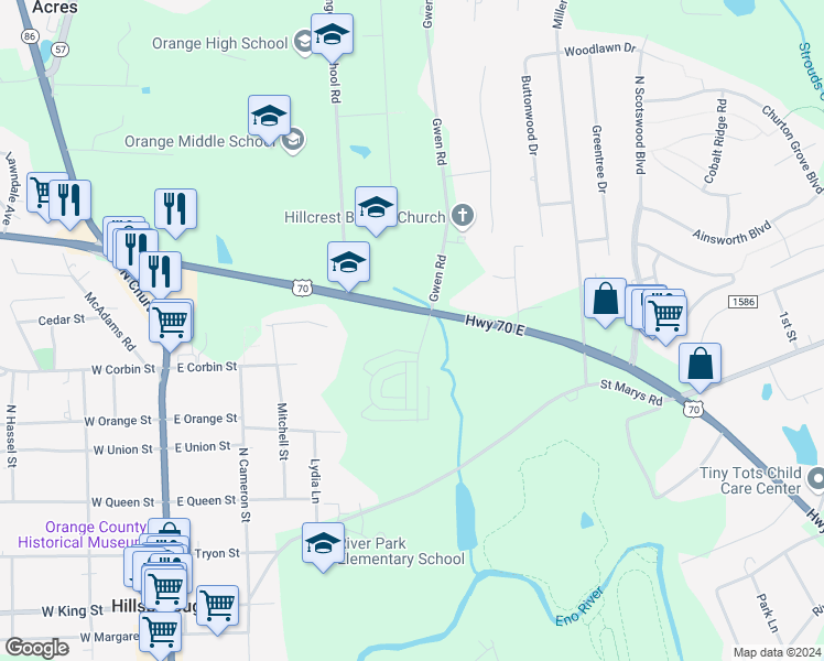 map of restaurants, bars, coffee shops, grocery stores, and more near 613 U.S. 70 in Hillsborough