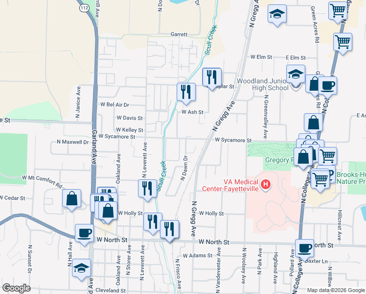 map of restaurants, bars, coffee shops, grocery stores, and more near 1646 North Dawn Drive in Fayetteville