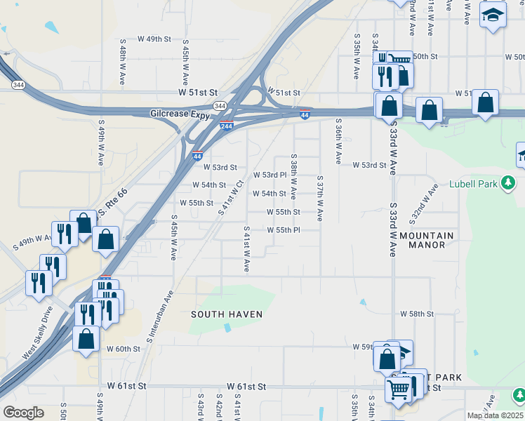 map of restaurants, bars, coffee shops, grocery stores, and more near 4013 West 55th Street in Tulsa