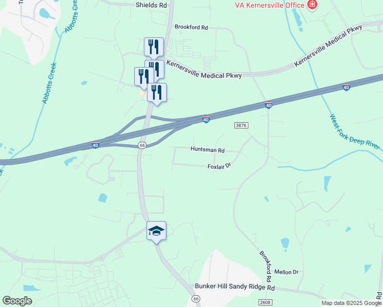 map of restaurants, bars, coffee shops, grocery stores, and more near 9020 Huntsman Road in Kernersville