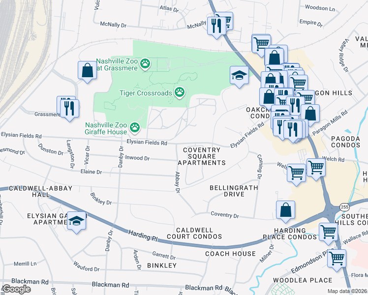 map of restaurants, bars, coffee shops, grocery stores, and more near 501 Elysian Fields Road in Nashville