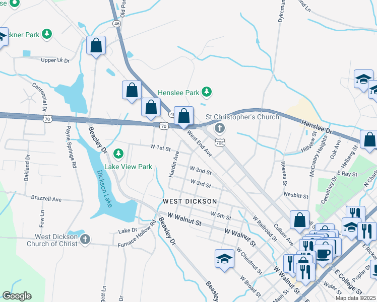 map of restaurants, bars, coffee shops, grocery stores, and more near 902 West 1st Street in Dickson