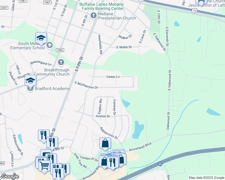 map of restaurants, bars, coffee shops, grocery stores, and more near 440 East McPherson Drive in Mebane