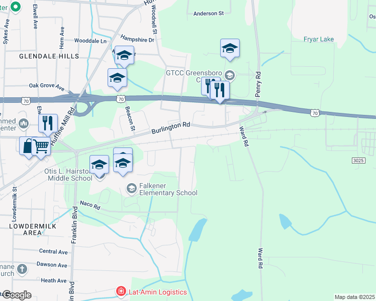 map of restaurants, bars, coffee shops, grocery stores, and more near 4304 Maybrook Drive in Greensboro
