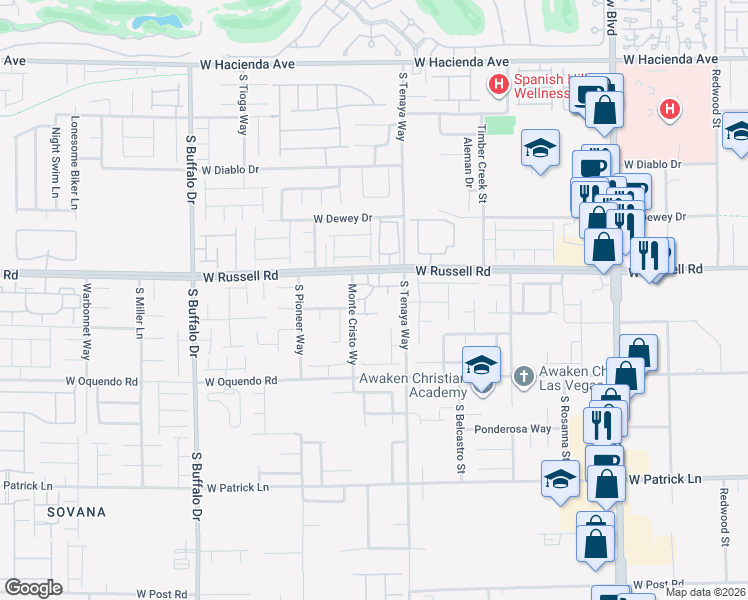 map of restaurants, bars, coffee shops, grocery stores, and more near 7413 West Russell Road in Las Vegas