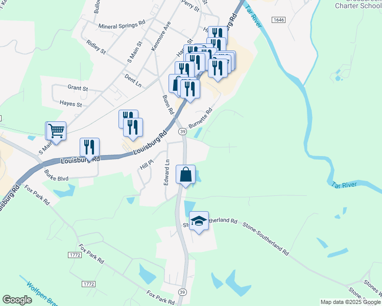 map of restaurants, bars, coffee shops, grocery stores, and more near 557 North Carolina 39 in Louisburg