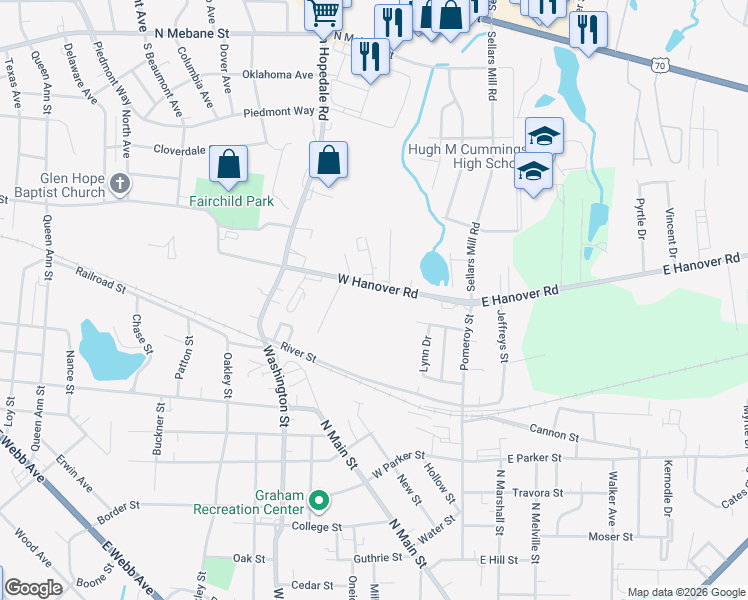 map of restaurants, bars, coffee shops, grocery stores, and more near 212 West Hanover Road in Graham