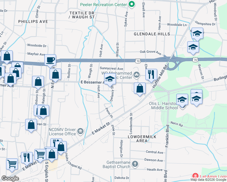 map of restaurants, bars, coffee shops, grocery stores, and more near 501 Sykes Avenue in Greensboro
