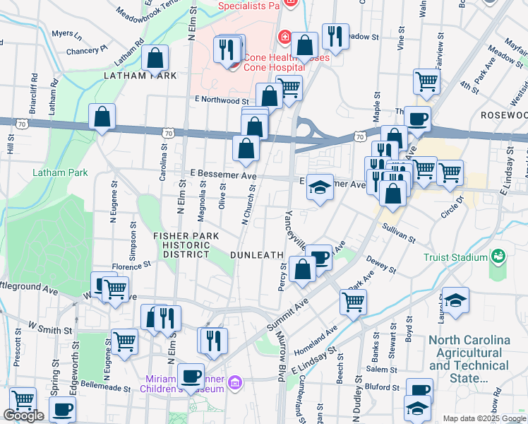 map of restaurants, bars, coffee shops, grocery stores, and more near 765 Chestnut Street in Greensboro