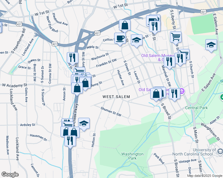 map of restaurants, bars, coffee shops, grocery stores, and more near 1018 Crestwood Drive Southwest in Winston-Salem