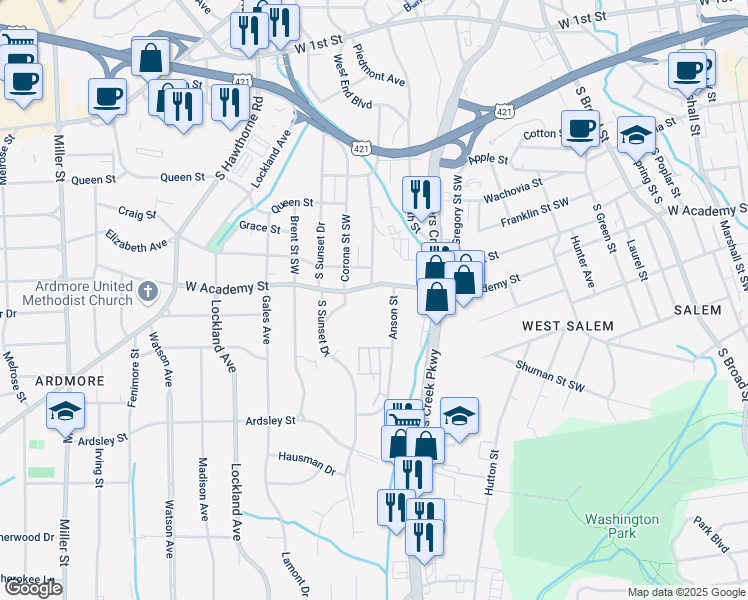 map of restaurants, bars, coffee shops, grocery stores, and more near 1400 West Academy Street in Winston-Salem