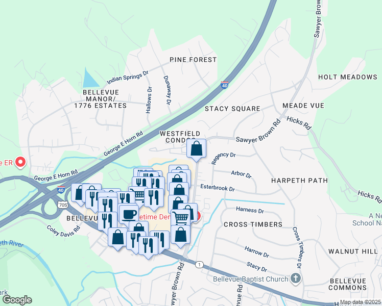 map of restaurants, bars, coffee shops, grocery stores, and more near 250 Westfield Drive in Nashville