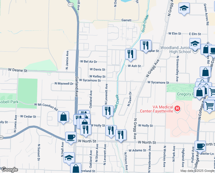 map of restaurants, bars, coffee shops, grocery stores, and more near 1606 North Leverett Avenue in Fayetteville