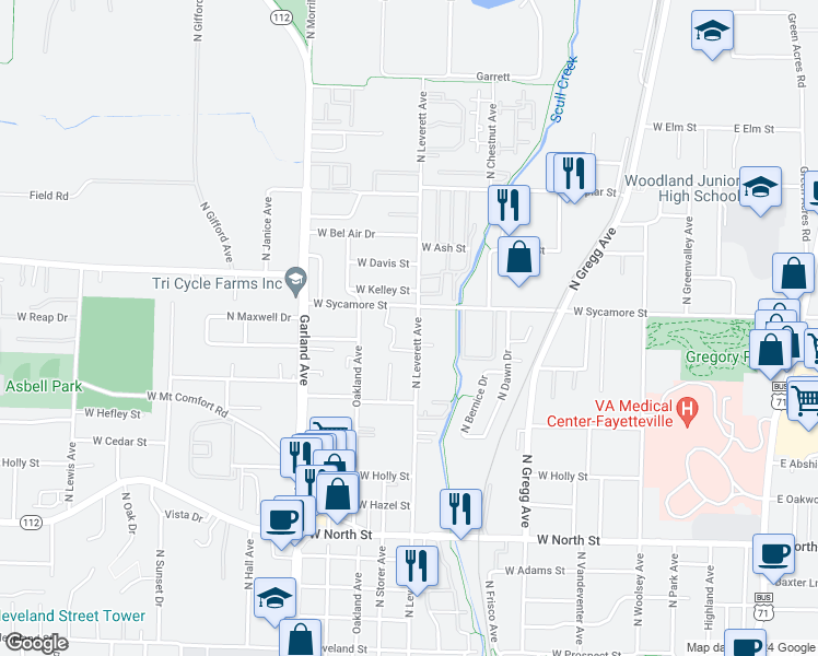 map of restaurants, bars, coffee shops, grocery stores, and more near 1603 North Leverett Avenue in Fayetteville