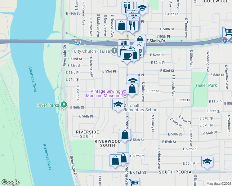 map of restaurants, bars, coffee shops, grocery stores, and more near 5510 South Owasso Avenue in Tulsa