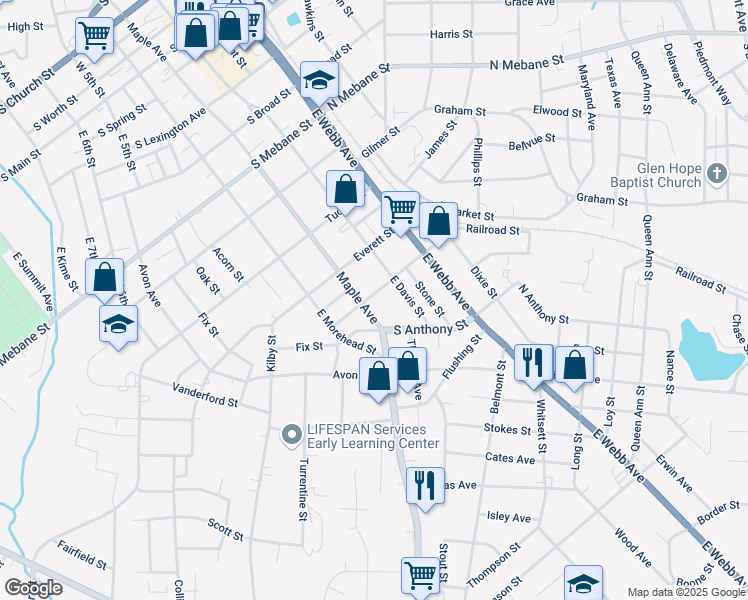 map of restaurants, bars, coffee shops, grocery stores, and more near 424 S Flanner St in Burlington