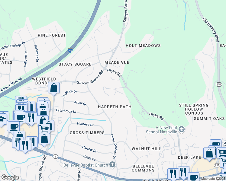map of restaurants, bars, coffee shops, grocery stores, and more near 595 Hicks Road in Nashville