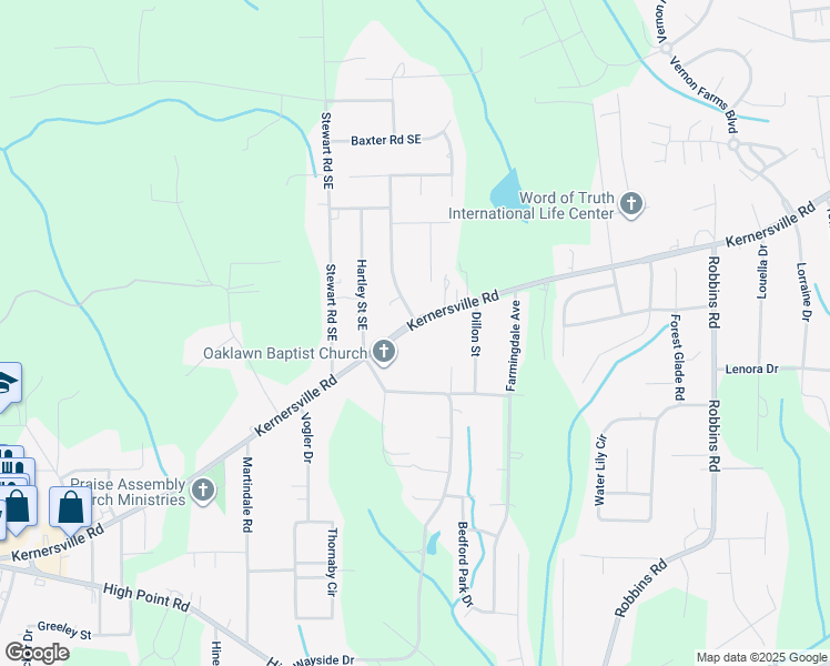 map of restaurants, bars, coffee shops, grocery stores, and more near 3548 Kernersville Road in Winston-Salem