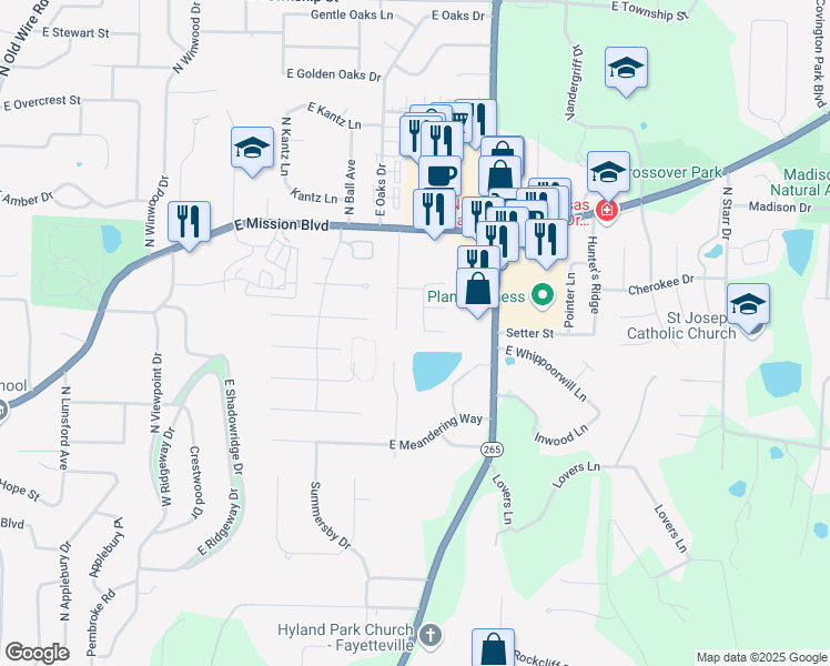map of restaurants, bars, coffee shops, grocery stores, and more near 1719 North Misty Lane in Fayetteville