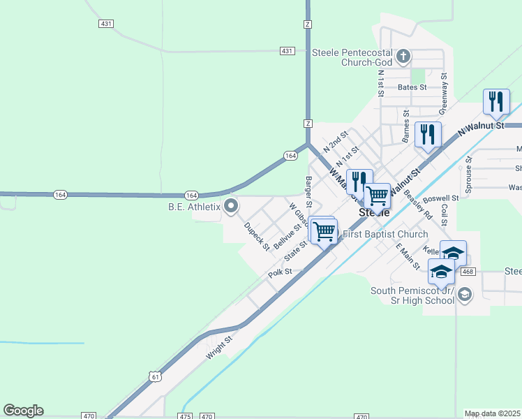 map of restaurants, bars, coffee shops, grocery stores, and more near 415 Garland Street in Steele