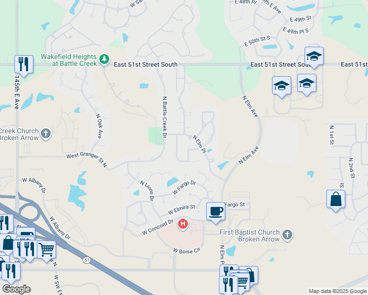 map of restaurants, bars, coffee shops, grocery stores, and more near 3016 North Hickory Avenue in Broken Arrow