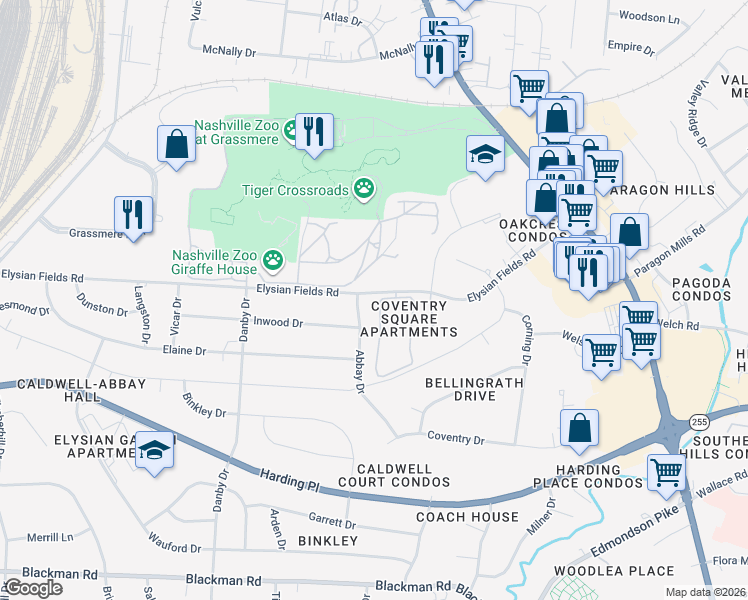 map of restaurants, bars, coffee shops, grocery stores, and more near 501 Elysian Fields Road in Nashville