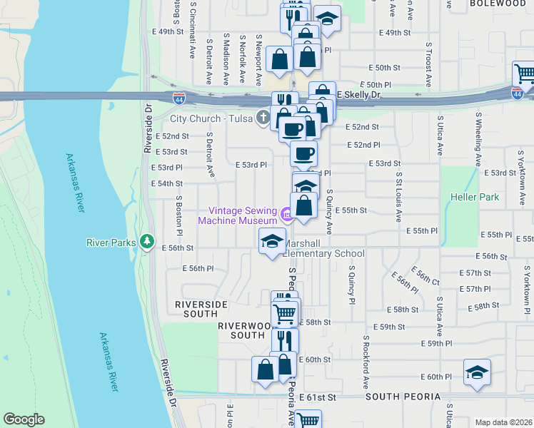 map of restaurants, bars, coffee shops, grocery stores, and more near 5510 South Owasso Avenue in Tulsa