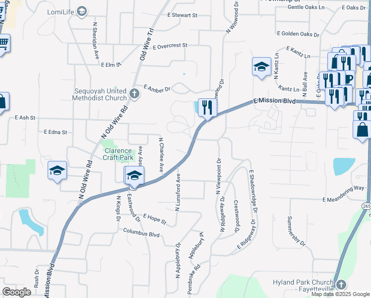 map of restaurants, bars, coffee shops, grocery stores, and more near 1689 East Mission Boulevard in Fayetteville