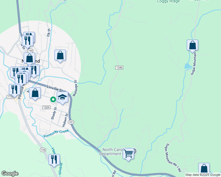 map of restaurants, bars, coffee shops, grocery stores, and more near 488 Wes Brewer Road in Newland