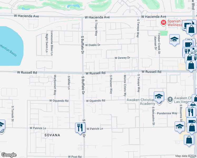 map of restaurants, bars, coffee shops, grocery stores, and more near 5746 South Tioga Way in Las Vegas