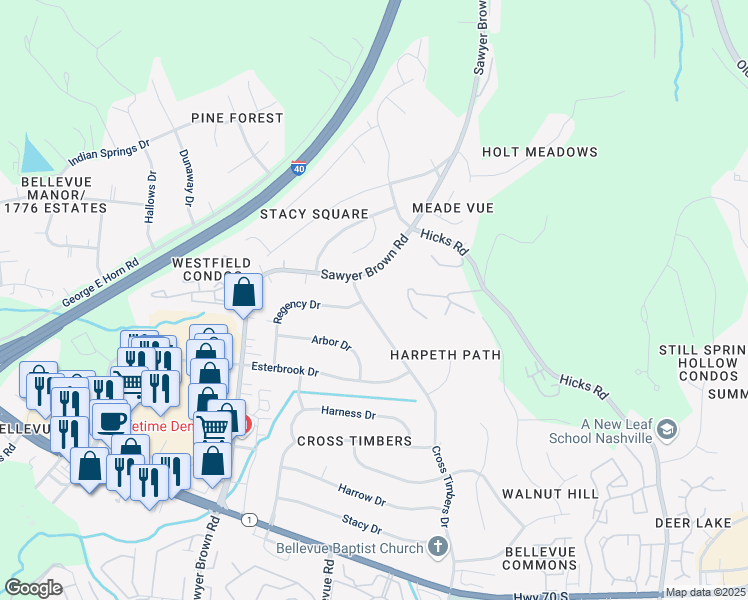 map of restaurants, bars, coffee shops, grocery stores, and more near 342 Cross Timbers Drive in Nashville