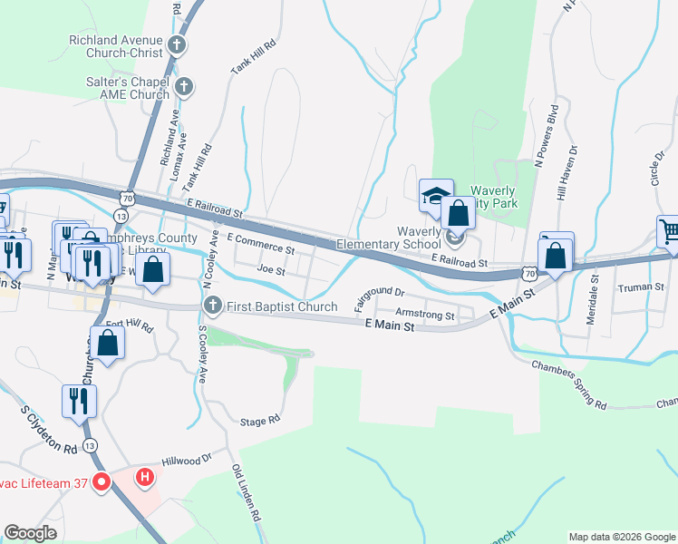 map of restaurants, bars, coffee shops, grocery stores, and more near 424 East Commerce Street in Waverly