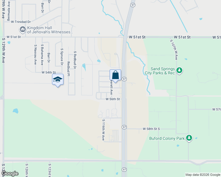 map of restaurants, bars, coffee shops, grocery stores, and more near 100 West 55th Street in Sand Springs