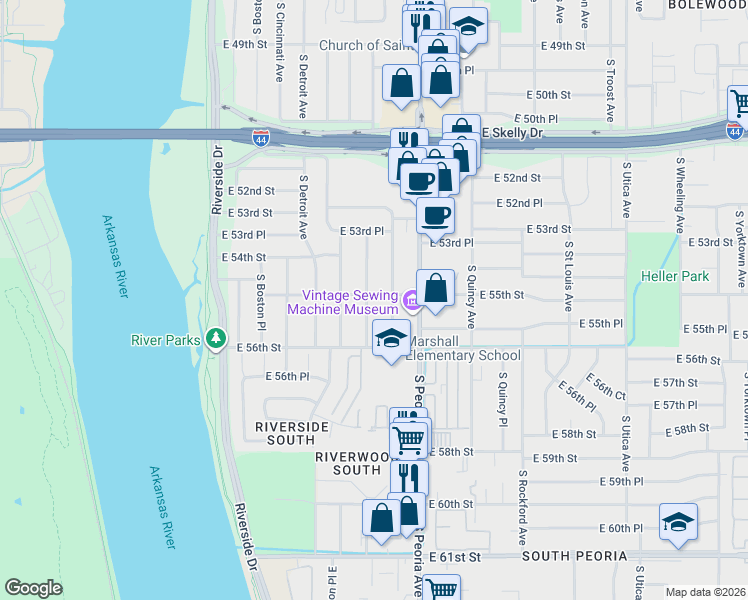 map of restaurants, bars, coffee shops, grocery stores, and more near 5510 South Owasso Avenue in Tulsa