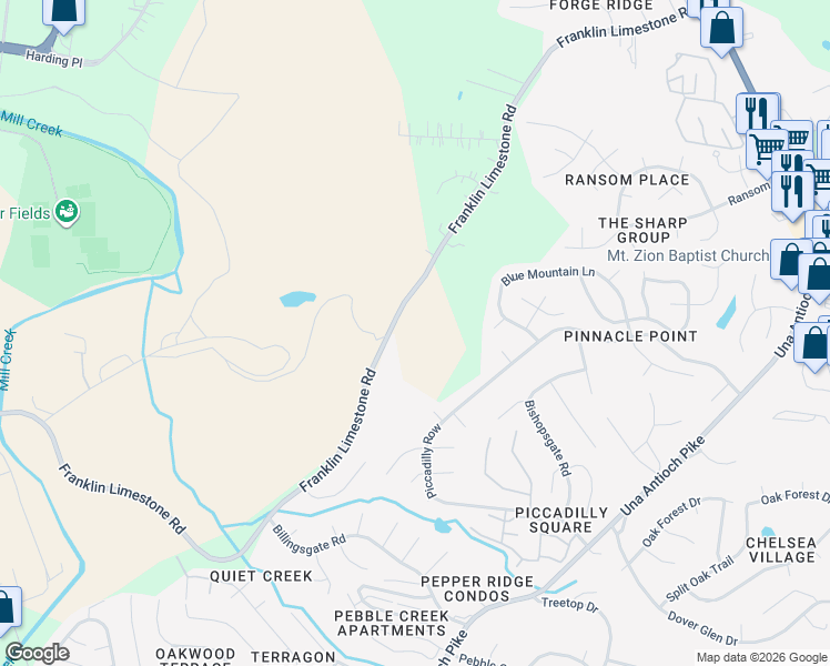 map of restaurants, bars, coffee shops, grocery stores, and more near 516 Franklin Limestone Road in Nashville