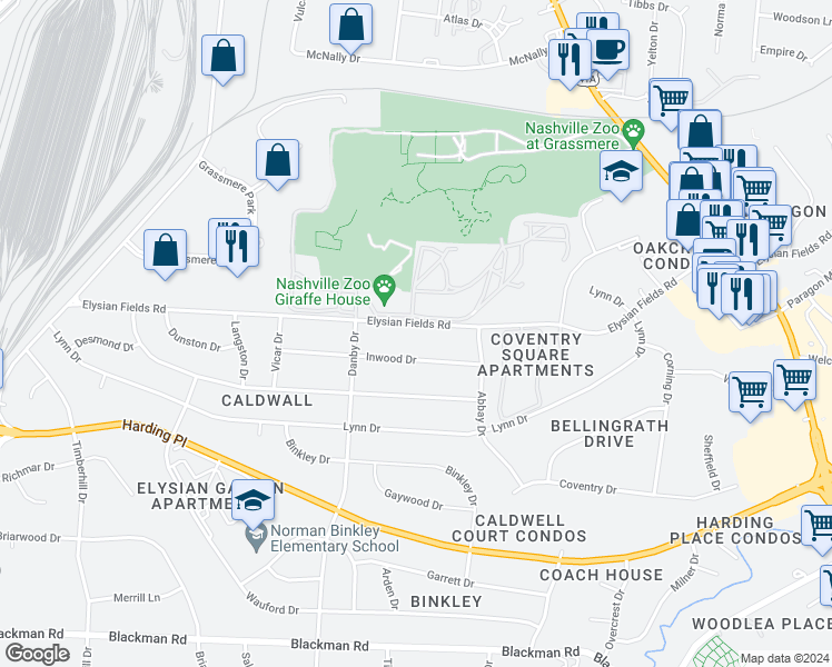 map of restaurants, bars, coffee shops, grocery stores, and more near 519 Elysian Fields Road in Nashville