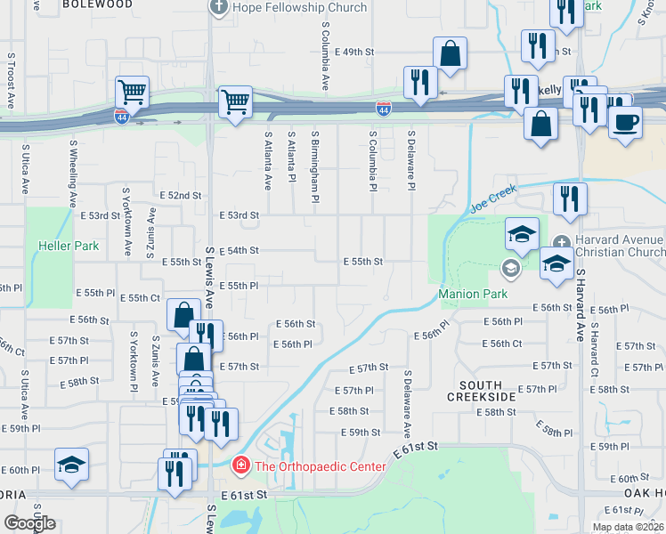 map of restaurants, bars, coffee shops, grocery stores, and more near 2620 East 55th Street in Tulsa