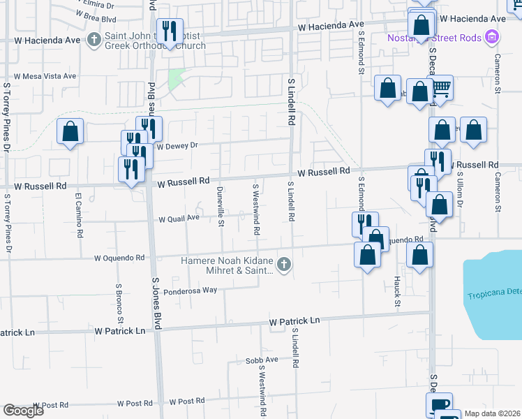 map of restaurants, bars, coffee shops, grocery stores, and more near 5790 South Westwind Road in Las Vegas