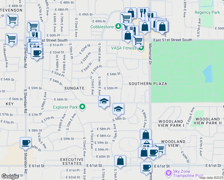 map of restaurants, bars, coffee shops, grocery stores, and more near 7518 East 55th Place in Tulsa