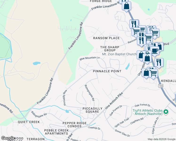 map of restaurants, bars, coffee shops, grocery stores, and more near 1085 Blue Mountain Lane in Nashville