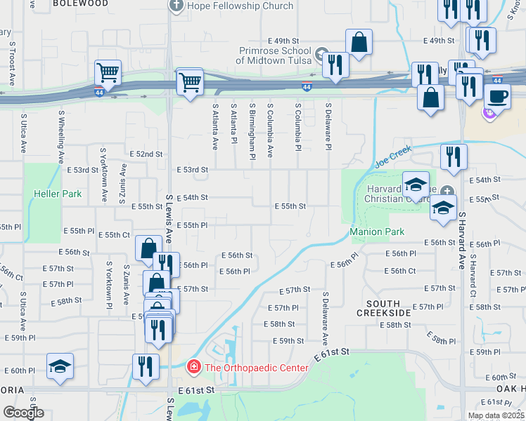 map of restaurants, bars, coffee shops, grocery stores, and more near 2616 East 55th Street in Tulsa