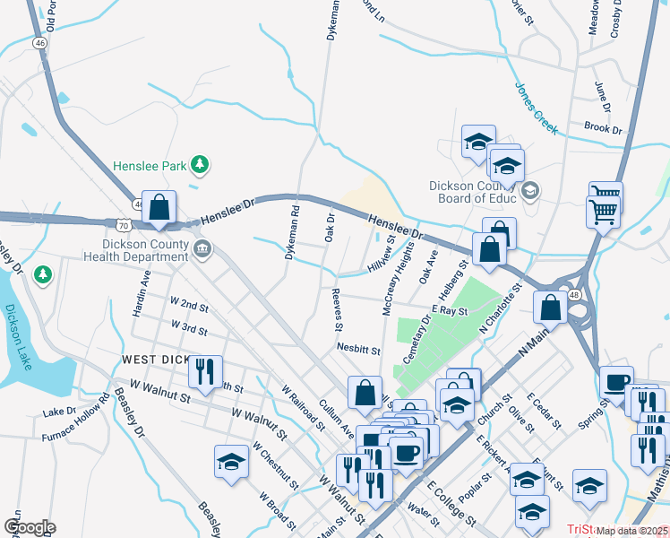 map of restaurants, bars, coffee shops, grocery stores, and more near 200 Reeves Street in Dickson