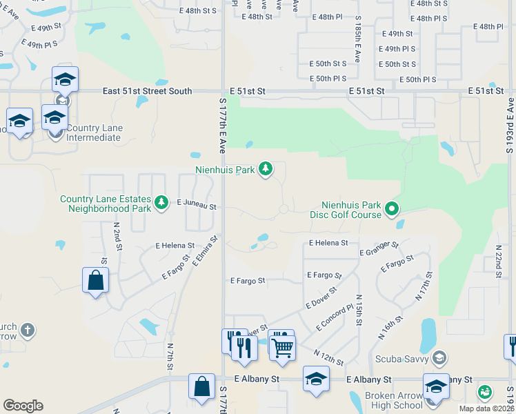 map of restaurants, bars, coffee shops, grocery stores, and more near 3201 North 9th Street in Broken Arrow