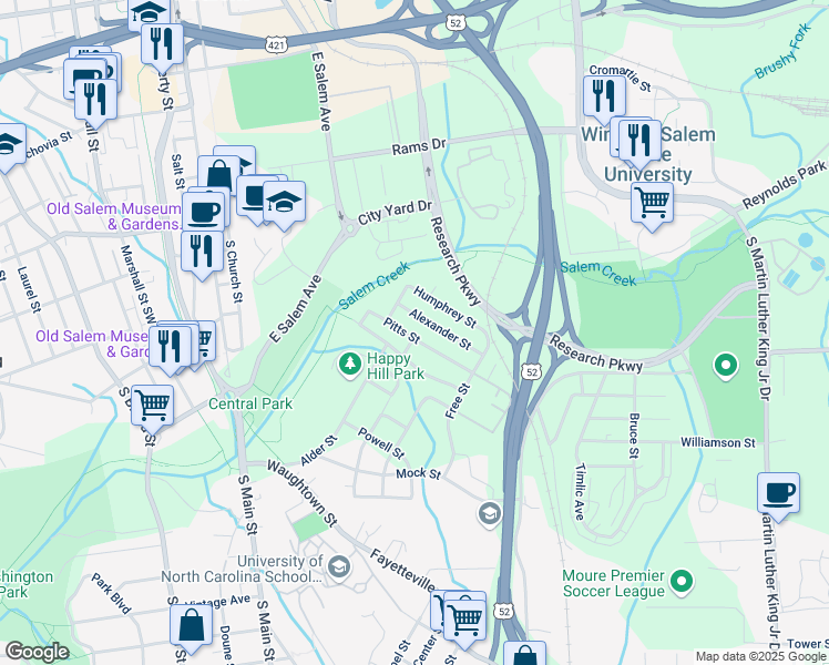 map of restaurants, bars, coffee shops, grocery stores, and more near 622 Alexander Street in Winston-Salem